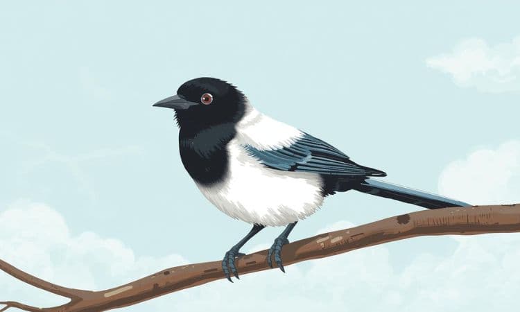 七夕伝説に登場するかささぎのイラスト。
白と黒の羽を持つかささぎが、穏やかな表情で枝にとまっている。
日本の物語絵本のようなやさしいタッチ。
背景は淡い水色と雲。