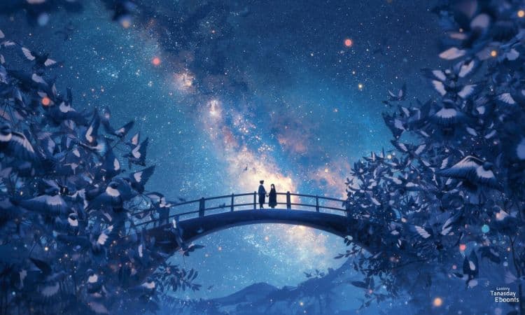七夕伝説の幻想的なイラスト。
夜空に天の川が流れ、無数のかささぎが羽を広げて橋を作っている。
橋の向こう側に織姫と彦星が立っている。
やさしく幻想的な光、ロマンチックな雰囲気。