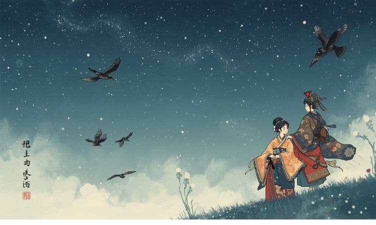 中国の七夕伝説を表現したイラスト。
古代中国風の衣装を着た織姫と彦星、夜空の星と天の川。
かささぎが空を飛んでいる様子。
落ち着いた色合い、水墨画とイラストの中間のようなタッチ。
