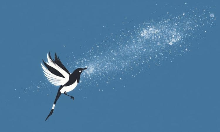 七夕の象徴を表したシンプルなイラスト。
天の川の上に、かささぎが静かに羽を広げている。
希望やご縁を感じさせる穏やかな光。
ミニマルで分かりやすい構図。