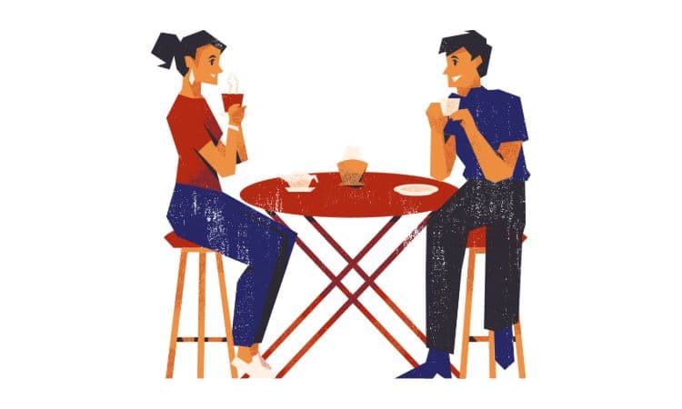 向き合ってお茶を飲んでお話をする男女のイラスト画像