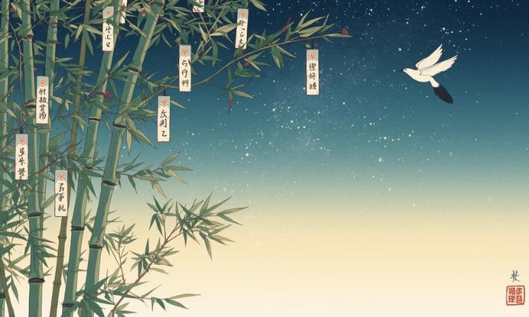 日本の七夕をイメージした和風イラスト。
短冊が飾られた笹、夜空、天の川。
かささぎが空を飛んでいる様子。
万葉集の世界観を感じさせる、上品で静かな雰囲気。
